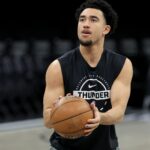 Mar 18, 2026; Brooklyn, New York, USA; Oklahoma City Thunder guard Jared McCain (3) warms up before a game against the Brooklyn Nets at Barclays Center