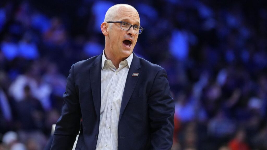 UConn Huskies head coach Dan Hurley reacts in the first half during a second round game of the men's 2026 NCAA Tournament at Xfinity Mobile Arena.