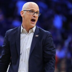 UConn Huskies head coach Dan Hurley reacts in the first half during a second round game of the men's 2026 NCAA Tournament at Xfinity Mobile Arena.