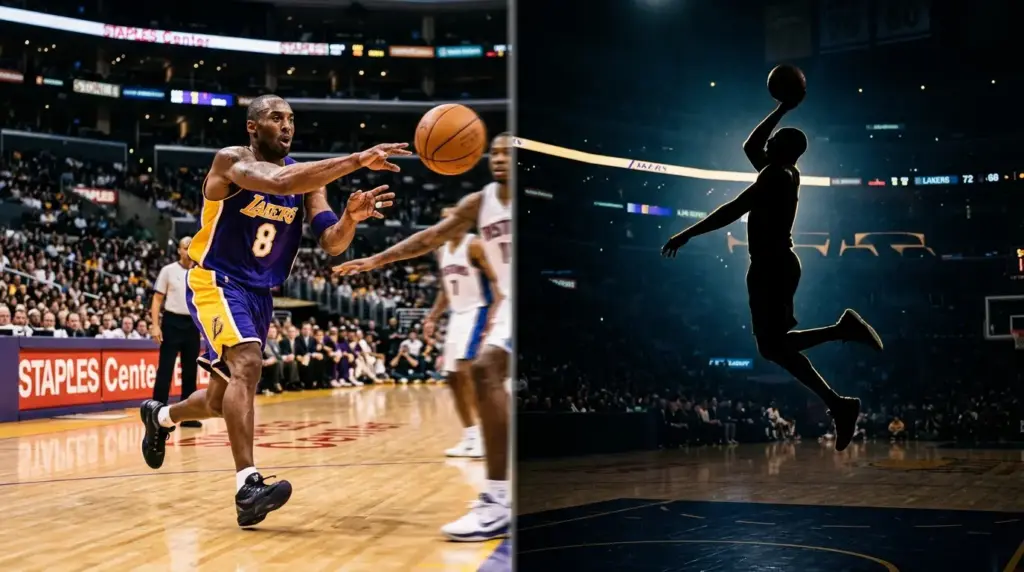 Split basketball scene showing contrasting playing styles of pass-first forward and scoring guard