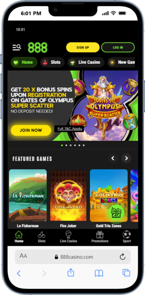 888 Casino app - homepage
