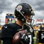 Pittsburgh Steelers quarterback in helmet with teammates in background creating roster depth