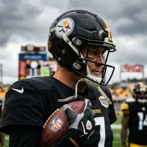 Pittsburgh Steelers quarterback in helmet with teammates in background creating roster depth
