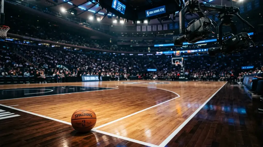 NBA basketball court with high-tech cameras overhead representing AI officiating technology
