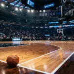 NBA basketball court with high-tech cameras overhead representing AI officiating technology