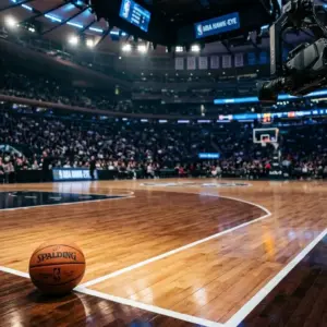 NBA basketball court with high-tech cameras overhead representing AI officiating technology