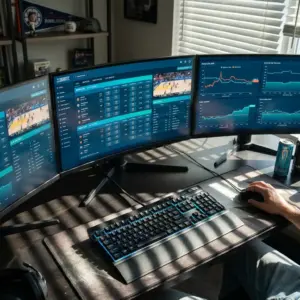 Modern sports betting setup with multiple monitors showing live odds and statistics for California sportsbooks