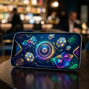 Modern smartphone showing casino gaming app interface with digital gaming elements and premium design