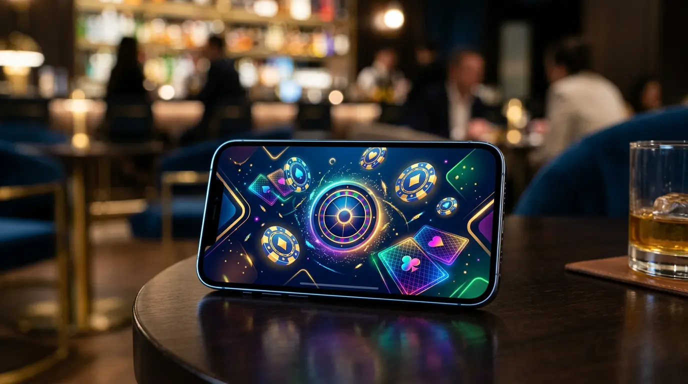 Modern smartphone showing casino gaming app interface with digital gaming elements and premium design