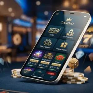 Premium UK casino app displayed on a modern smartphone with luxury gaming interface