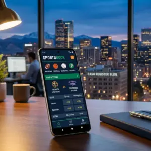 Modern sportsbook app on mobile phone with Colorado skyline background, representing legal sports betting