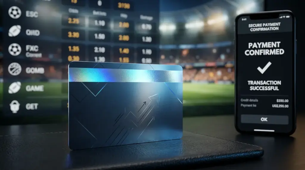 Premium credit card with secure sports betting payment interface and smartphone in modern fintech setting