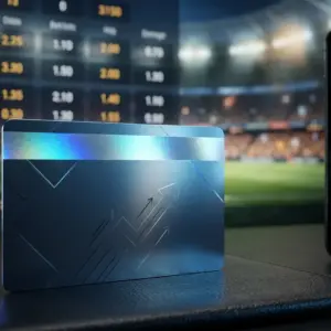 Premium credit card with secure sports betting payment interface and smartphone in modern fintech setting