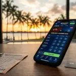 Florida online sportsbook app on smartphone with sports betting odds displayed and Florida sunset landscape in background