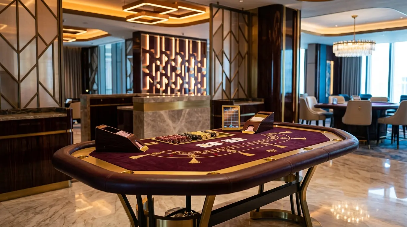 Upscale casino interior with elegant gaming table and sophisticated lighting design