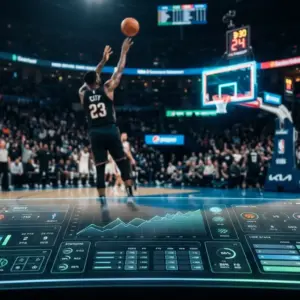 NBA basketball player in action with digital betting interface overlay and stadium lighting