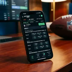 Professional NFL sportsbook interface on smartphone with football betting odds and analytics dashboard