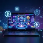 Modern crypto casino interface on laptop with Bitcoin symbols and blockchain security elements