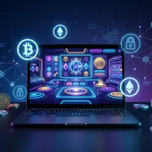 Modern crypto casino interface on laptop with Bitcoin symbols and blockchain security elements