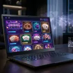 Modern digital gaming interface with neon-lit casino dashboard on premium laptop screen