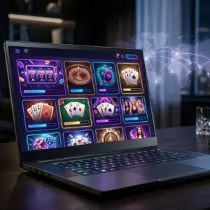Modern digital gaming interface with neon-lit casino dashboard on premium laptop screen