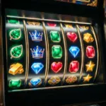 Modern illuminated slot machine reels spinning with vibrant jewel tones and cinematic lighting effects