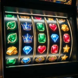 Modern illuminated slot machine reels spinning with vibrant jewel tones and cinematic lighting effects