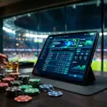 Digital sportsbook interface displaying betting bonuses on a tablet with poker chips and stadium background