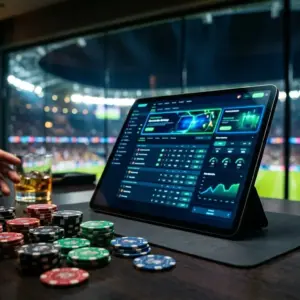 Digital sportsbook interface displaying betting bonuses on a tablet with poker chips and stadium background