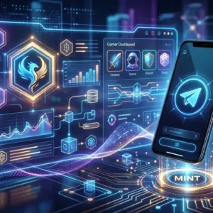 Modern digital gaming platform interface with cryptocurrency and blockchain elements in neon blue, purple, and gold tones