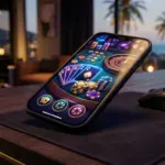 Modern smartphone displaying an online casino gaming interface with playing cards and chips