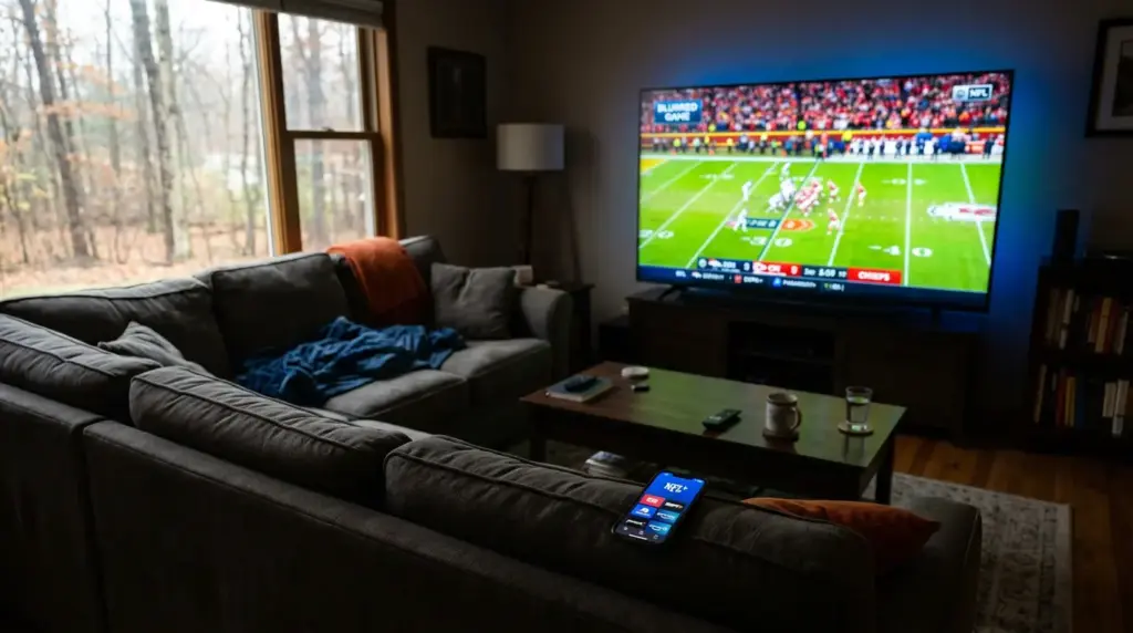Empty living room couch facing TV showing NFL game with streaming apps on phone, representing fan accessibility debate