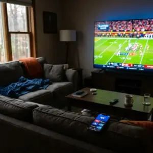 Empty living room couch facing TV showing NFL game with streaming apps on phone, representing fan accessibility debate