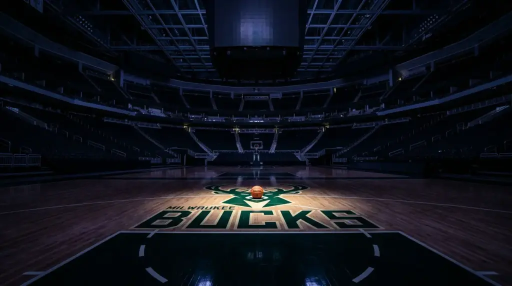 Empty NBA court with Milwaukee Bucks logo under dramatic arena lighting symbolizing Giannis trade uncertainty