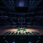 Empty NBA court with Milwaukee Bucks logo under dramatic arena lighting symbolizing Giannis trade uncertainty