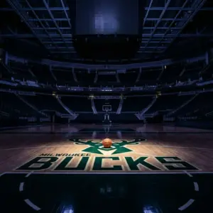 Empty NBA court with Milwaukee Bucks logo under dramatic arena lighting symbolizing Giannis trade uncertainty