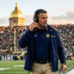 Marcus Freeman coaching on Notre Dame sideline with golden dome in background