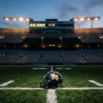 Empty college football stadium at dusk with lone helmet on 50-yard line representing eligibility loss