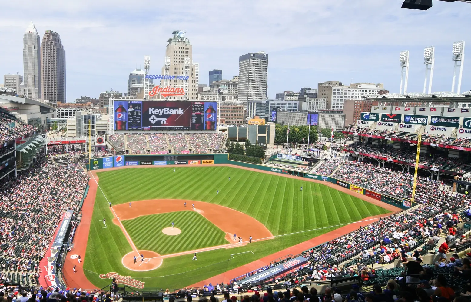 A wide view of Progressive Field during a Cleveland Guardians baseball game.