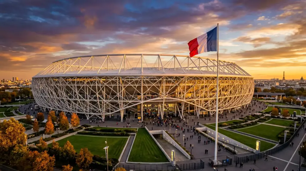 Stade de France stadium exterior at sunset for NFL Paris game