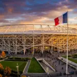 Stade de France stadium exterior at sunset for NFL Paris game