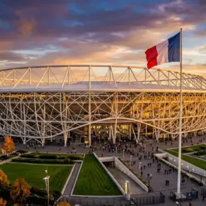 Stade de France stadium exterior at sunset for NFL Paris game