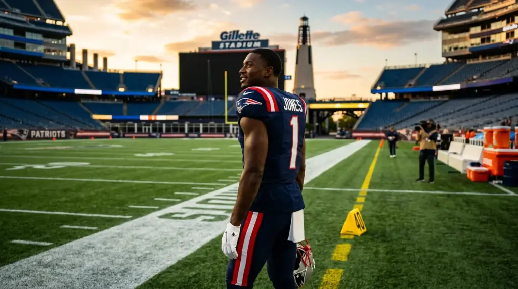 A.J. Brown in New England Patriots uniform at Gillette Stadium during golden hour