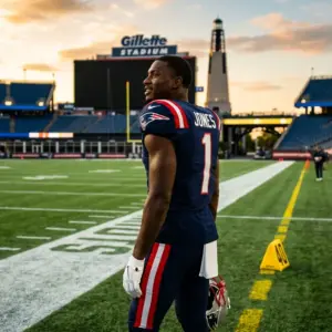 A.J. Brown in New England Patriots uniform at Gillette Stadium during golden hour