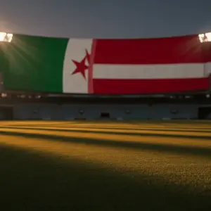 Floodlit football stadium at dusk with dramatic shadows, empty pitch, atmospheric lighting, no players visible.