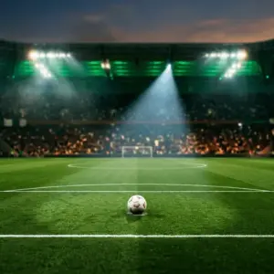 Floodlit football pitch centre circle with ball under green and white spotlight, packed stadium stands blurred in background.