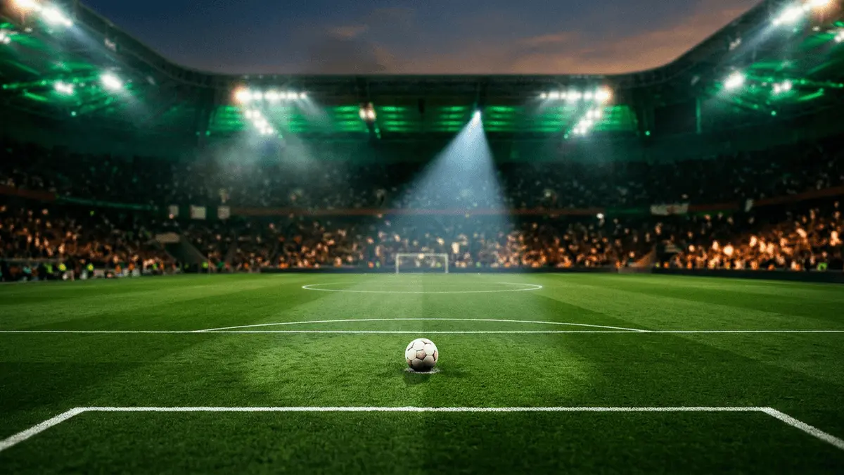 Floodlit football pitch centre circle with ball under green and white spotlight, packed stadium stands blurred in background.