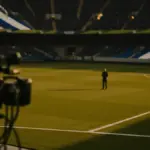 Broadcast gantry view of a floodlit stadium pitch at dusk with camera equipment foreground, national-colour light accents on stands.