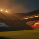 Floodlit stadium at sunset with packed crowds silhouetted and empty pitch in sharp focus, golden-hour lighting.