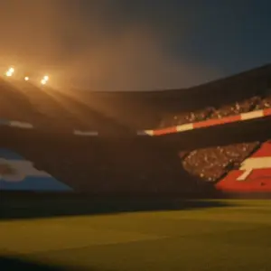 Floodlit stadium at sunset with packed crowds silhouetted and empty pitch in sharp focus, golden-hour lighting.